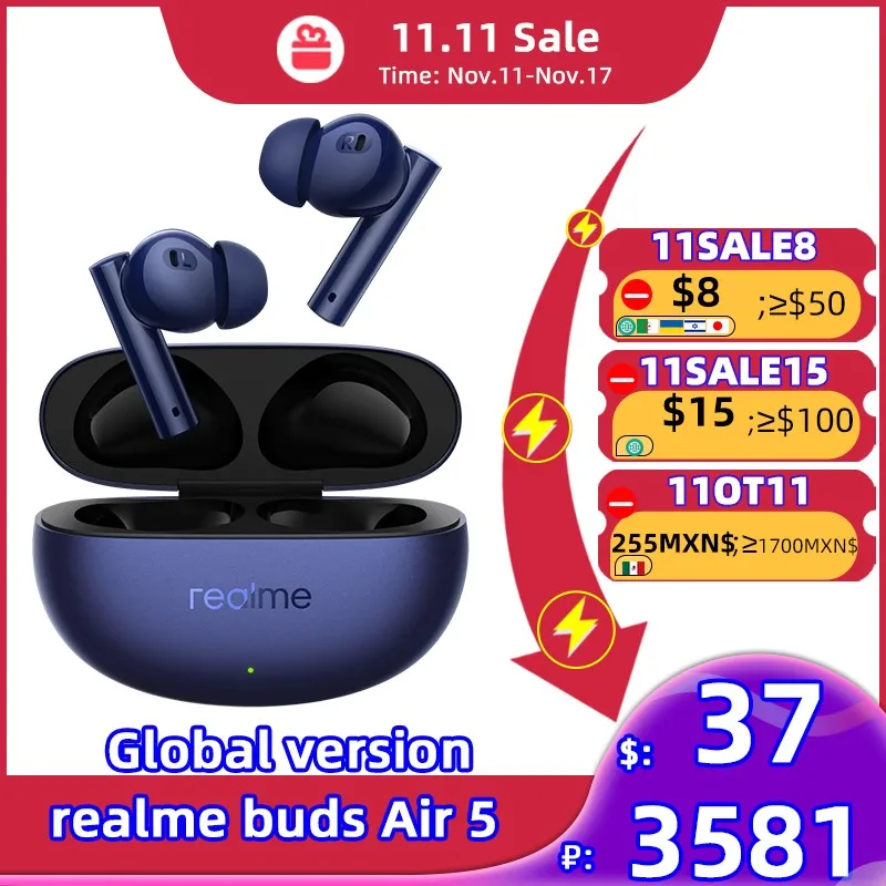 Глобальная версия наушников realme buds Air 5 TWS с активным шумоподавлением 50 дБ Настоящие беспроводные наушники Bluetooth 5.3 с 38-часовой батареей
Глобальная версия наушников realme buds Air 5 TWS с активным шумоподавлением 50 дБ Настоящие беспроводные наушники Bluetooth 5.3 с 38-часовой батареей