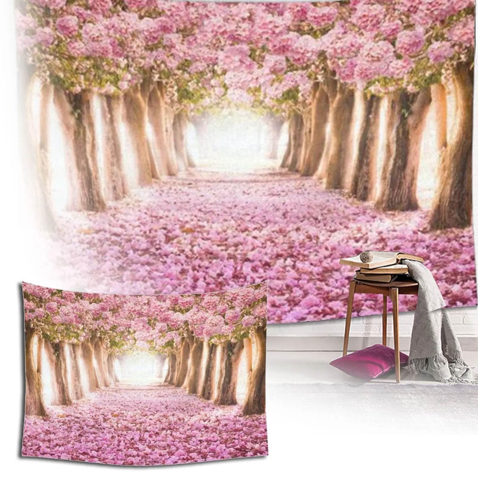 

Настенный гобелен с изображением цветов и дороги вишни, Настенный декор с изображением дерева, художественный гобелен для гостиной, спальни, общежития, хлопковый льняной светлый гобелен