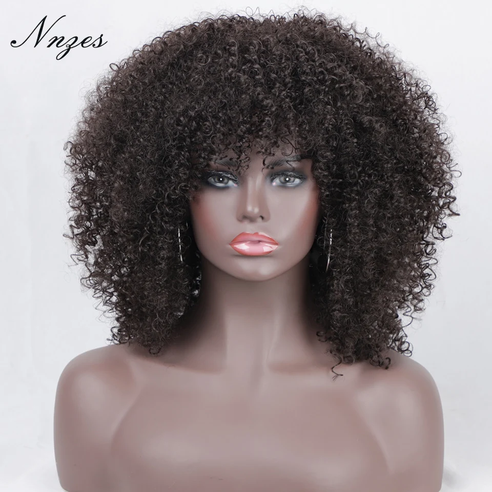

NNZES Short Afro Kinky Curly Wigs Dark Brown Mixed Black Synthetic Wigs with Bangs for Black Women Blonde Red Grey Cosplay Hairs