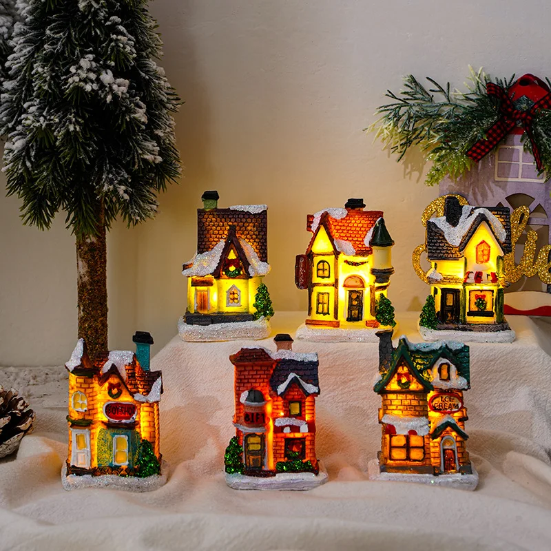 

Christmas Decorations Resin Christmas Mini House Model Micro Landscape Luminous Snow House Decorative Gifts Ornament Fangle