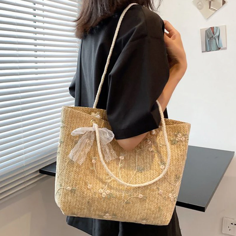

Fashion Woven Handbags For Women Sweet All-match Women's Bag 2023 Portable Bucket Bag Luxury Designer Handbag Summer Picnic Bags