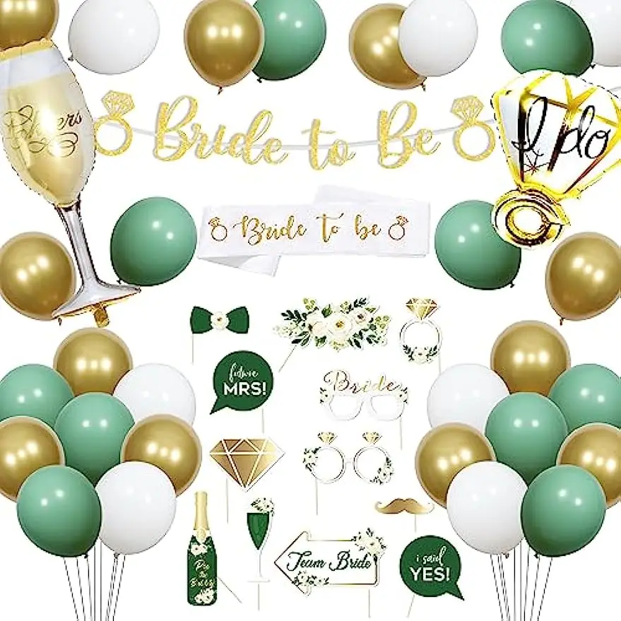 Bride to Be Kit de décoration pour femme enterrement de jeune fille Accessoires photo JGA Bannière Écharpe ballons verts et doré
Bride to Be Kit de décoration pour femme enterrement de jeune fille Accessoires photo JGA Bannière Écharpe ballons verts et doré