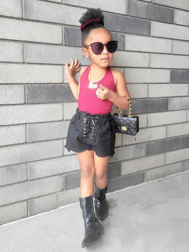 

4-12Y Gothic Lace up Bicycles Denim Shorts For Girls Boutique Kids Clothing 2023 Acubi Grunge Y2K Streetwear Children Short Jean