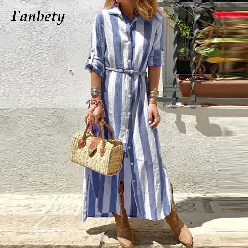 New Striped Print Long Sleeve Lapel Shirt Dress Spring Summer Casual Button Wasited Long Dress Elegant Office Lady Commute Dress
New Striped Print Long Sleeve Lapel Shirt Dress Spring Summer Casual Button Wasited Long Dress Elegant Office Lady Commute Dress