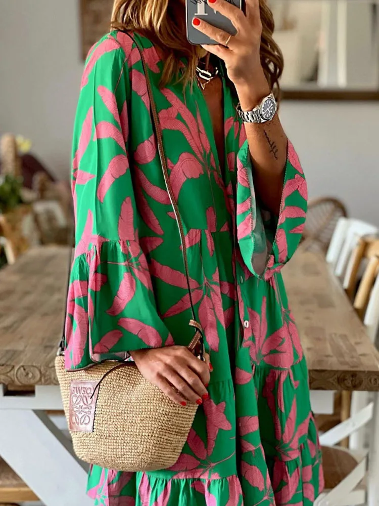 Women Deep V Button Print Loose Beach Dress Fashion Flared Sleeve Pleated Midi Party Dress Summer Casual Street Pullover Dresses
Women Deep V Button Print Loose Beach Dress Fashion Flared Sleeve Pleated Midi Party Dress Summer Casual Street Pullover Dresses