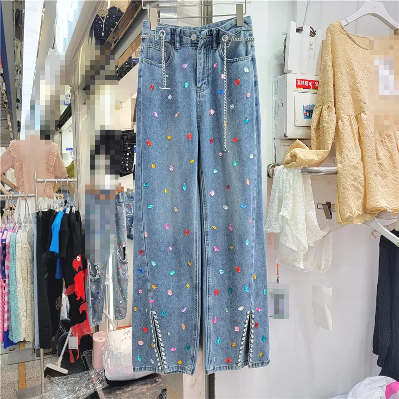 2022 New Autumn Straight Legged Jean Loose High Waist Slit Wide Leg Pants Inlaid Color Diamond Denim Trouser for Women Blue Jean
2022 New Autumn Straight Legged Jean Loose High Waist Slit Wide Leg Pants Inlaid Color Diamond Denim Trouser for Women Blue Jean