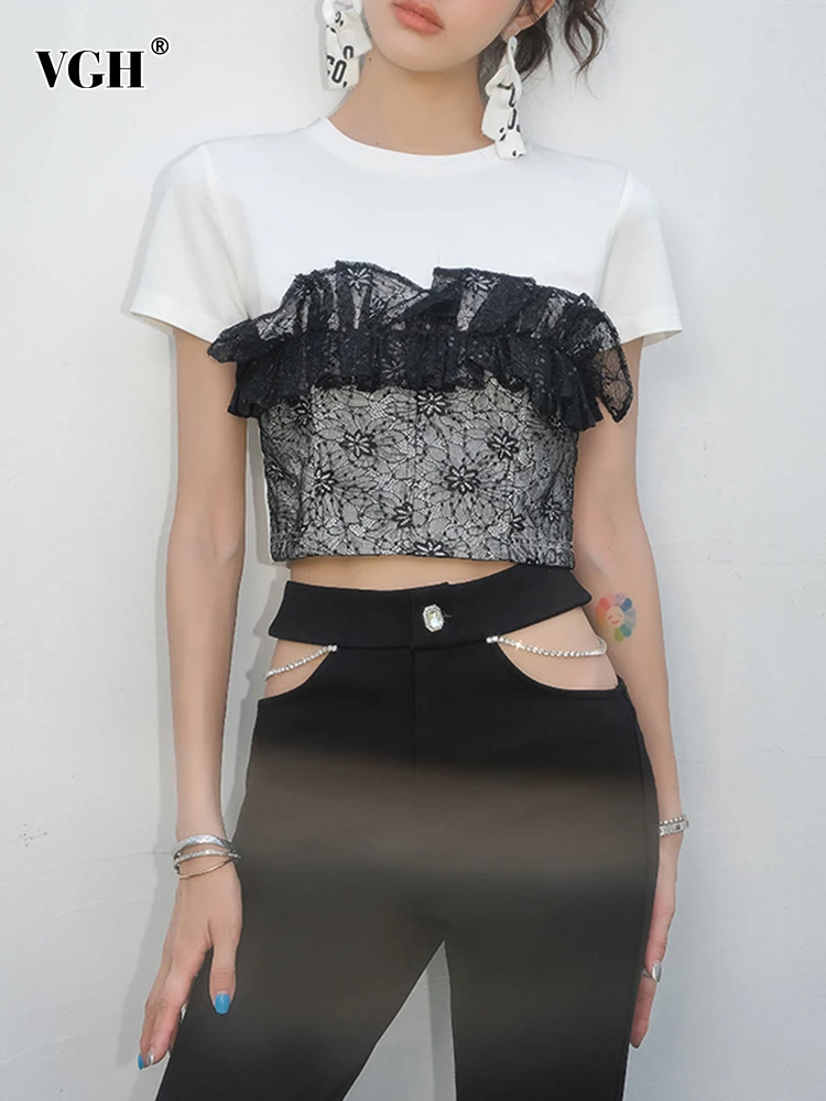 VGH Casual Patchwork Lace T Shirt For Women Round Neck Short Sleeve Loose Straight T Shirts Female Summer Fashion Clothing Style
VGH Casual Patchwork Lace T Shirt For Women Round Neck Short Sleeve Loose Straight T Shirts Female Summer Fashion Clothing Style