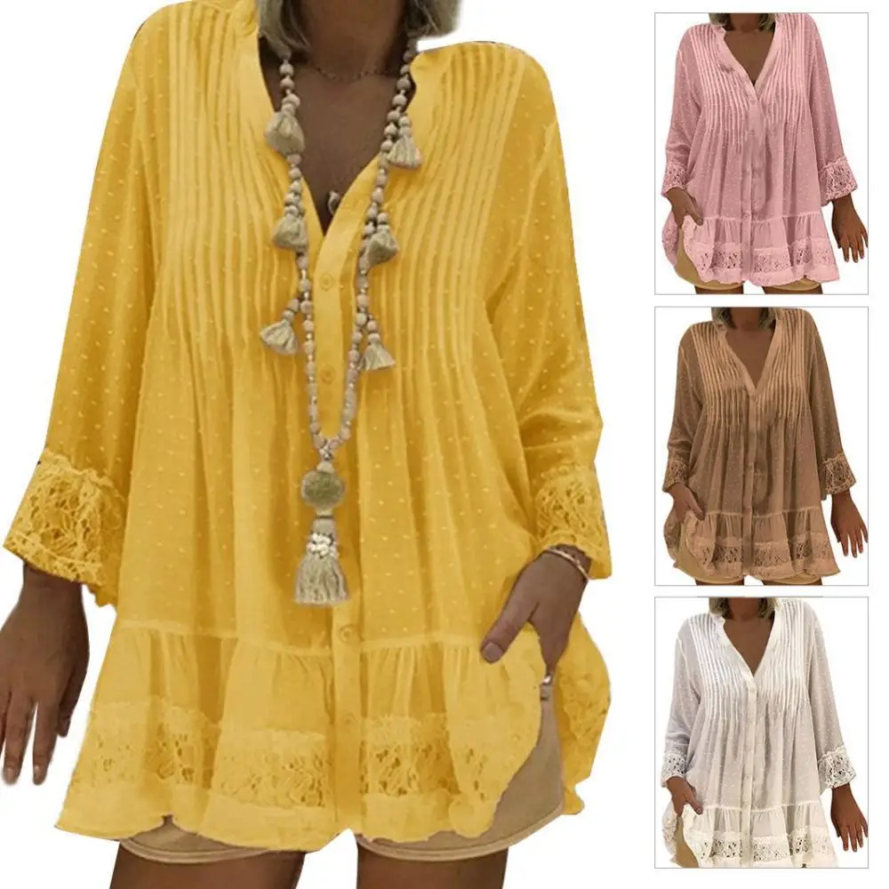 Fashion Casual Women Autumn Lace Stitching Pleated Buttons Loose Shirt Blouse Summer Ladies Blouse Clothing
Fashion Casual Women Autumn Lace Stitching Pleated Buttons Loose Shirt Blouse Summer Ladies Blouse Clothing