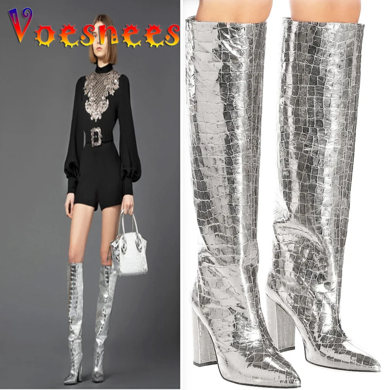 Knee High Loose Long Boots 9.5CM Women Chunk Heeled Model Shoes Quality Crocodile Pattern Silvery Pointed High Heels Multi Color
Knee High Loose Long Boots 9.5CM Women Chunk Heeled Model Shoes Quality Crocodile Pattern Silvery Pointed High Heels Multi Color