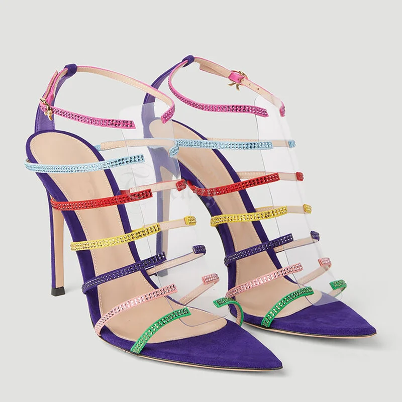 Colorful Striped Crystal Strap Stiletto Sandals Women Elegant Pointed Rainbow Butterfly Knot Buckle Hollow Open Slingback Shoes
Colorful Striped Crystal Strap Stiletto Sandals Women Elegant Pointed Rainbow Butterfly Knot Buckle Hollow Open Slingback Shoes