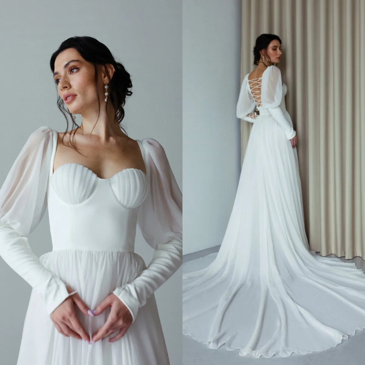 Bohemian Beach Chiffon Wedding Dress Seashell Cup Corset Beaded Puff Sleeve Backless A Line Elegant Bridal Dress Custom Made
Bohemian Beach Chiffon Wedding Dress Seashell Cup Corset Beaded Puff Sleeve Backless A Line Elegant Bridal Dress Custom Made