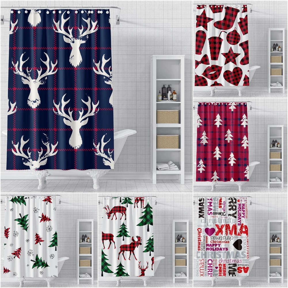 

Cortina de ducha con diseño navideño, impermeable, para baño, árbol de Navidad, ciervo, decoración del hogar