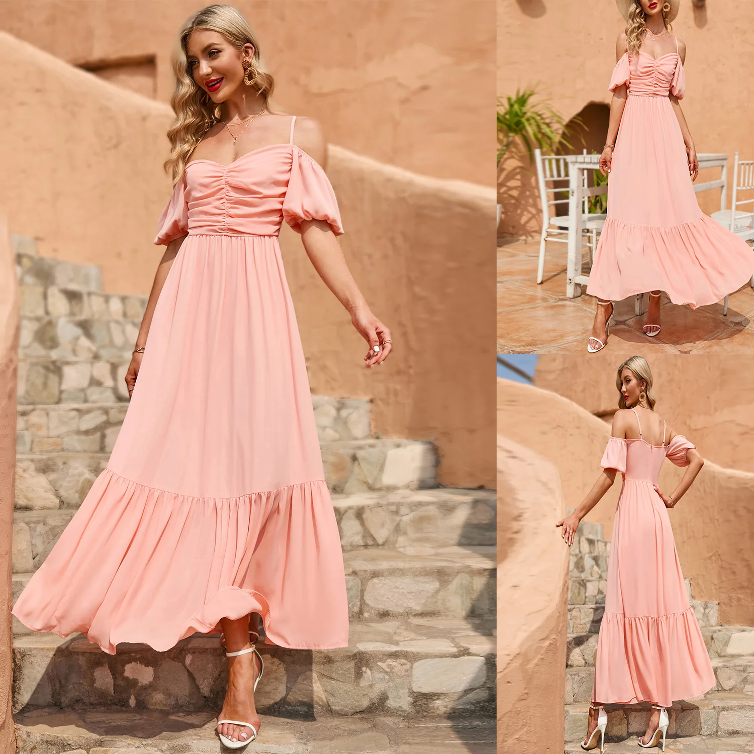 2022 Summer Spring New Short Sleeve Dress Pink Solid Color Long Dress High Waist Strap Ruffles Slash Neck Sexy Women
2022 Summer Spring New Short Sleeve Dress Pink Solid Color Long Dress High Waist Strap Ruffles Slash Neck Sexy Women
