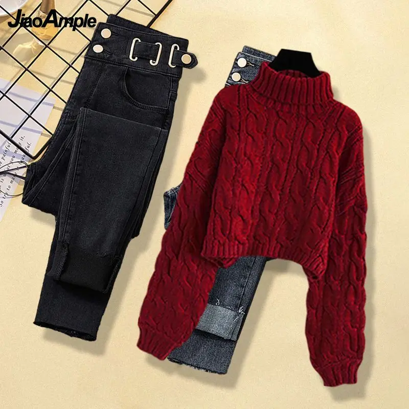 Women's Winter New High Neck Knitted Sweater Jeans Two Piece Korean Elegant Warm Pullover Denim Pants Matching Set Female Suit
Women's Winter New High Neck Knitted Sweater Jeans Two Piece Korean Elegant Warm Pullover Denim Pants Matching Set Female Suit