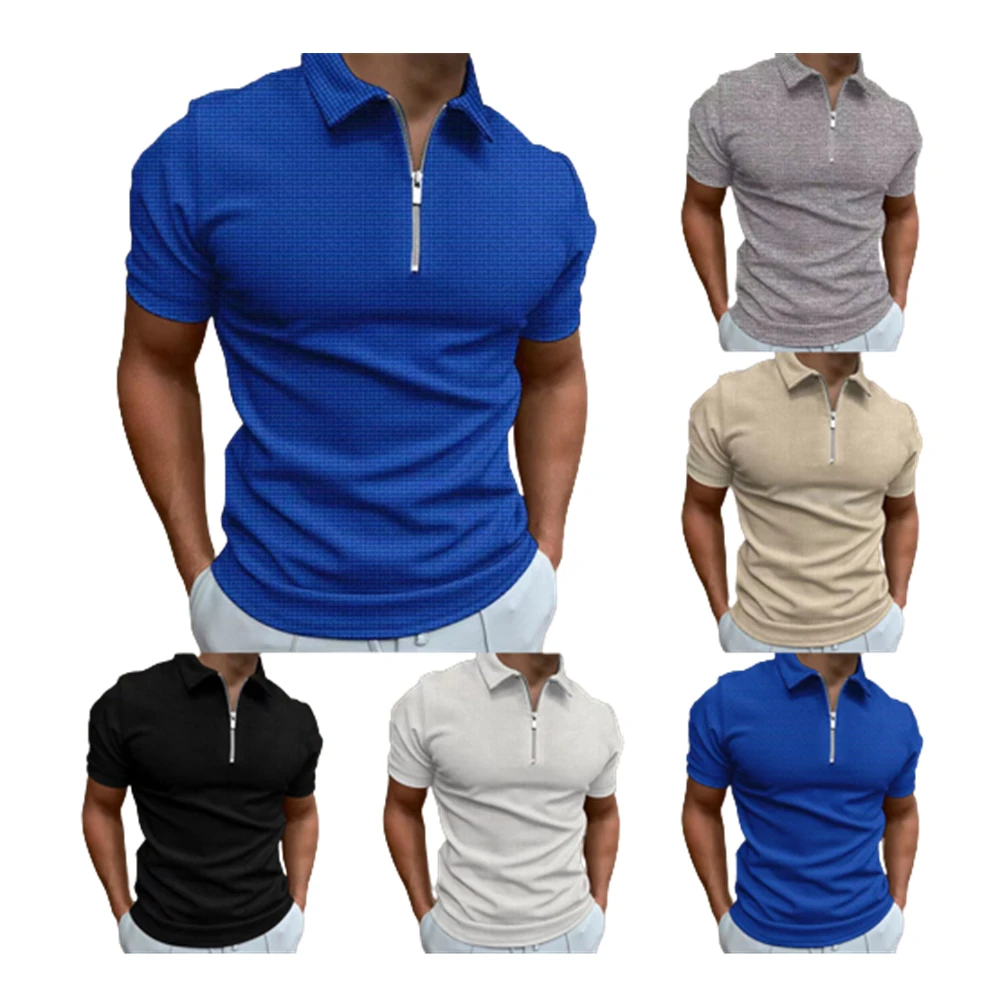 

2022 Summer Waffle Solid Color Golf Polos T-shirt For Men Slim Fit Zipper Lapel Short Sleeve Casual Fitting Polo Tshirt PLS-80