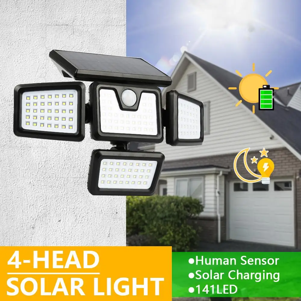 141led Super Bright Solar Lights IP65 Waterproof Outdoor Solar Lamp With Adjustable 4 Head Wide Lighting Angle Path Street Light
141led Super Bright Solar Lights IP65 Waterproof Outdoor Solar Lamp With Adjustable 4 Head Wide Lighting Angle Path Street Light
