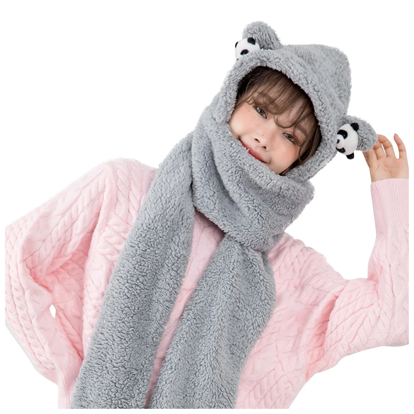 

Hat Scarf One Female Autumn And Winter Cute Bear Plush Ear Protection Hat Winter Thickened Warm Lamb Wool Bib Two-Piece Set