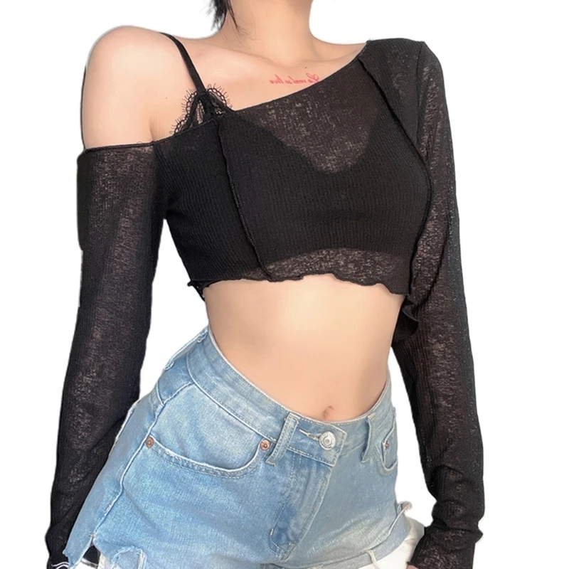 

Women Long Sleeve Short Cropped Sweater Shrug Rib Knitted Solid Color See Through Irregular Lettuce Trim T-Shirt Top