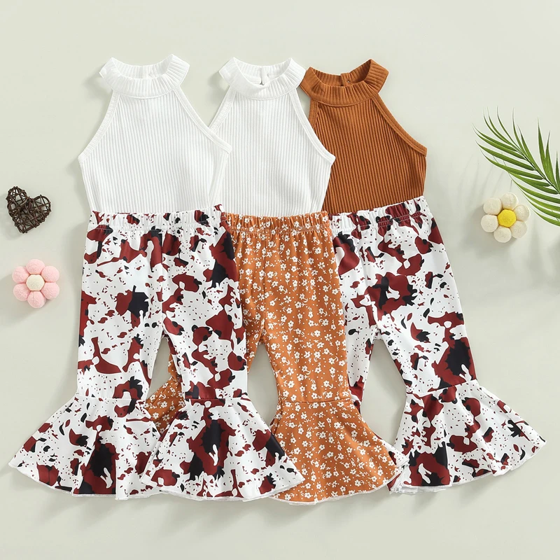 

Fashion Summer Children Girls Clothing Sets Solid Ribbed Knitted Sleeveless Halter Tanks Tops+Cow Print Flare Long Pants Outfits