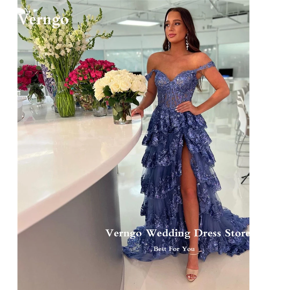 Verngo Sparkly Dusty Blue Evening Prom Dresses 2023 Off the Shoulder Lace Applique Tulle Tiered Party Dress Formal Occasion
Verngo Sparkly Dusty Blue Evening Prom Dresses 2023 Off the Shoulder Lace Applique Tulle Tiered Party Dress Formal Occasion