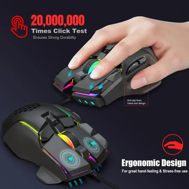 

Проводная мышь, 10 клавиш, макро программирование, 13 RGB режимов освещения, 6-скоростная игровая мышь 12800dpi для ПК, ноутбука, периферийные устройства для компьютера