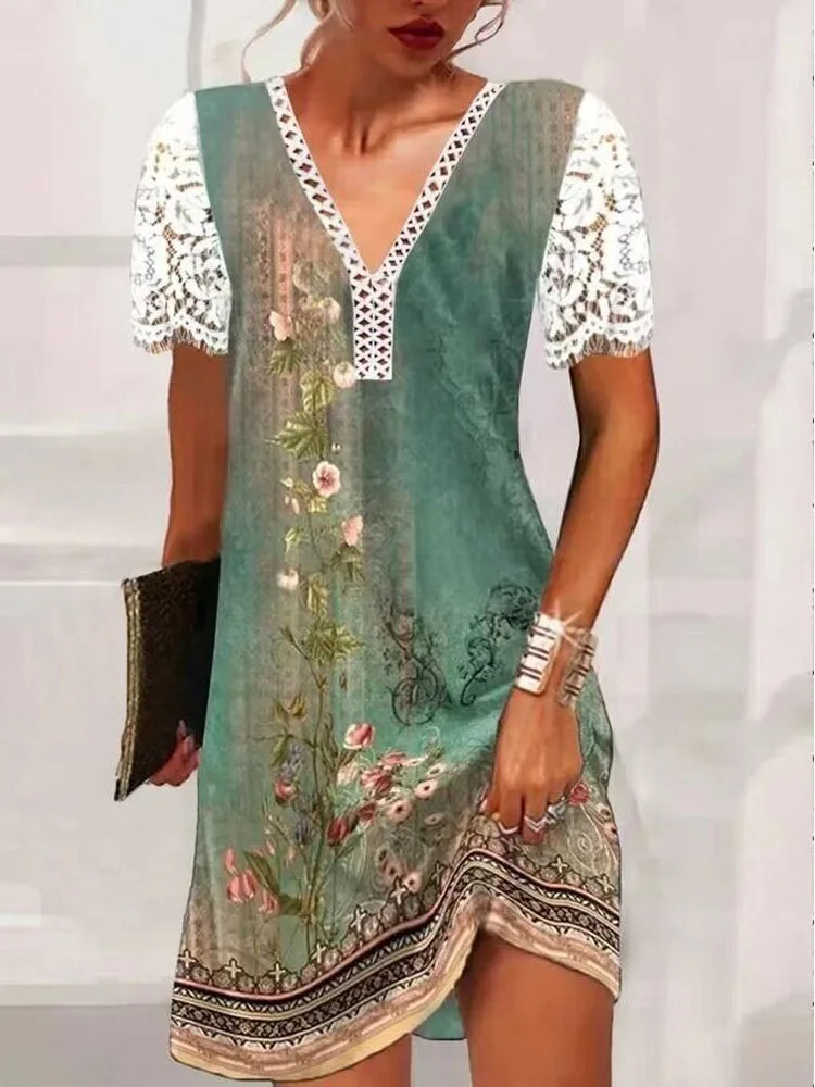 Fashion Elegant Vintage Print Party Dress Women's Summer Casual Lace Stitching V-neck Short-sleeved Dress Pullover Sundress
Fashion Elegant Vintage Print Party Dress Women's Summer Casual Lace Stitching V-neck Short-sleeved Dress Pullover Sundress