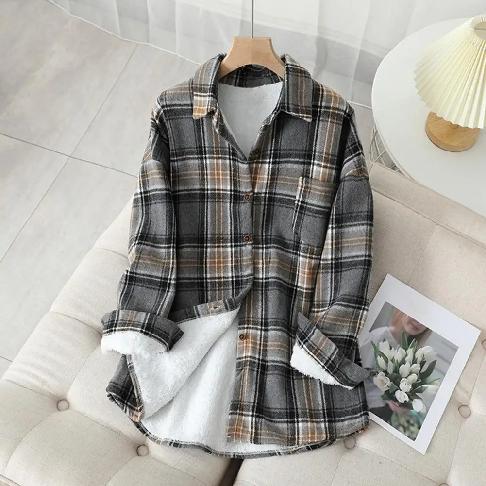 Lapel Long Sleeves Patch Pocket Single Breasted Woolen Coat Thickened Fluffy Lining Plaid Print Shirt Jacket Outerwear Blouse
Lapel Long Sleeves Patch Pocket Single Breasted Woolen Coat Thickened Fluffy Lining Plaid Print Shirt Jacket Outerwear Blouse