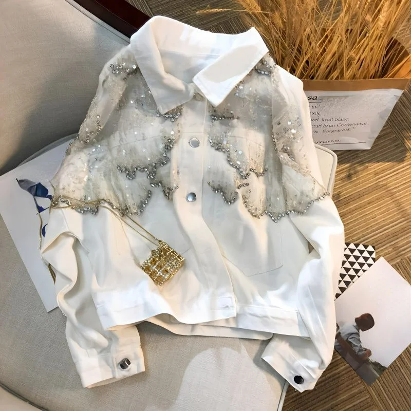 Turn Down Collar Heavy Mesh Patchwork Shiny Denim Jacket Spring Autumn High Street Fashion Vintage Coat Single-breasted Jaquetas 
Turn Down Collar Heavy Mesh Patchwork Shiny Denim Jacket Spring Autumn High Street Fashion Vintage Coat Single-breasted Jaquetas