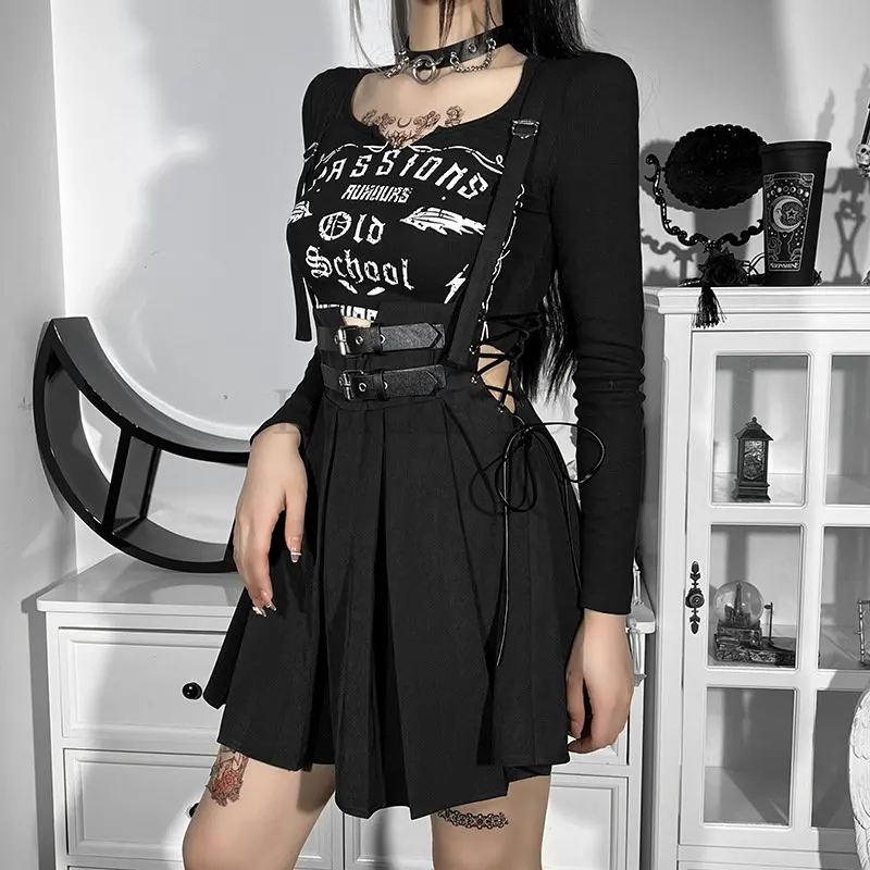 

Юбка-трапеция женская с поясом, модная пикантная элегантная облегающая юбка с завышенной талией в готическом стиле, уличная одежда, черный ...