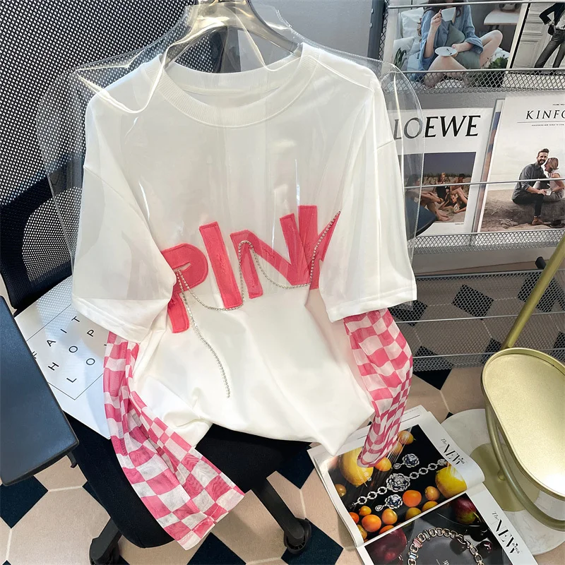 Футболка женская с круглым вырезом, хлопковый топ с сетчатым рукавом, Свободный Топ с надписью, одежда в Корейском стиле, на лето 
Футболка женская с круглым вырезом, хлопковый топ с сетчатым рукавом, Свободный Топ с надписью, одежда в Корейском стиле, на лето