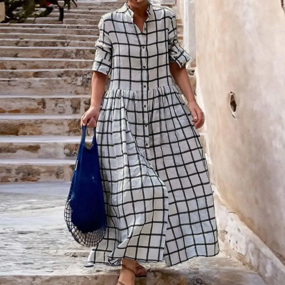 Women Spring Fall Dress Patchwork Loose Hem Lady Maxi Dress Plaid Print Single-breasted Pleated Long Sleeve Loose Maxi Dress
Women Spring Fall Dress Patchwork Loose Hem Lady Maxi Dress Plaid Print Single-breasted Pleated Long Sleeve Loose Maxi Dress