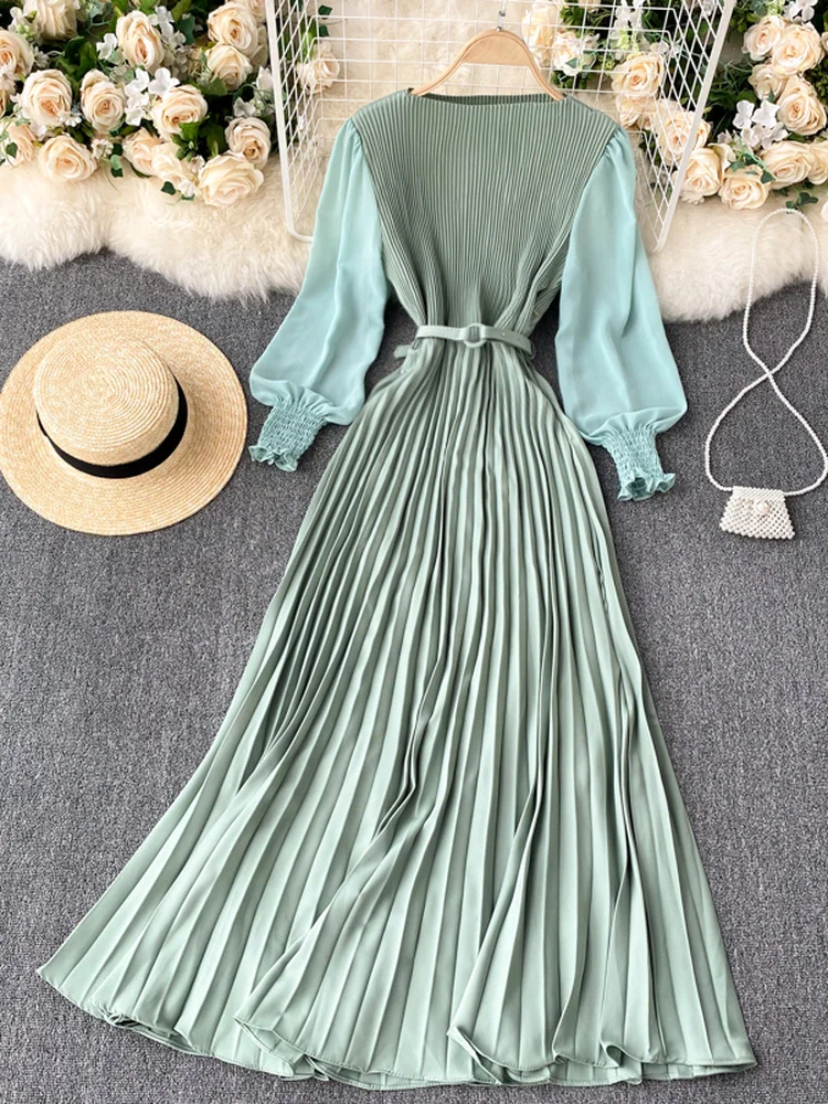 Hikigawa Chic Fashion Woman Pleated Slim Waist Elegant O Neck Long Sleeve Dresses For Women Solid Maxi Belted Vestidos mujer
Hikigawa Chic Fashion Woman Pleated Slim Waist Elegant O Neck Long Sleeve Dresses For Women Solid Maxi Belted Vestidos mujer