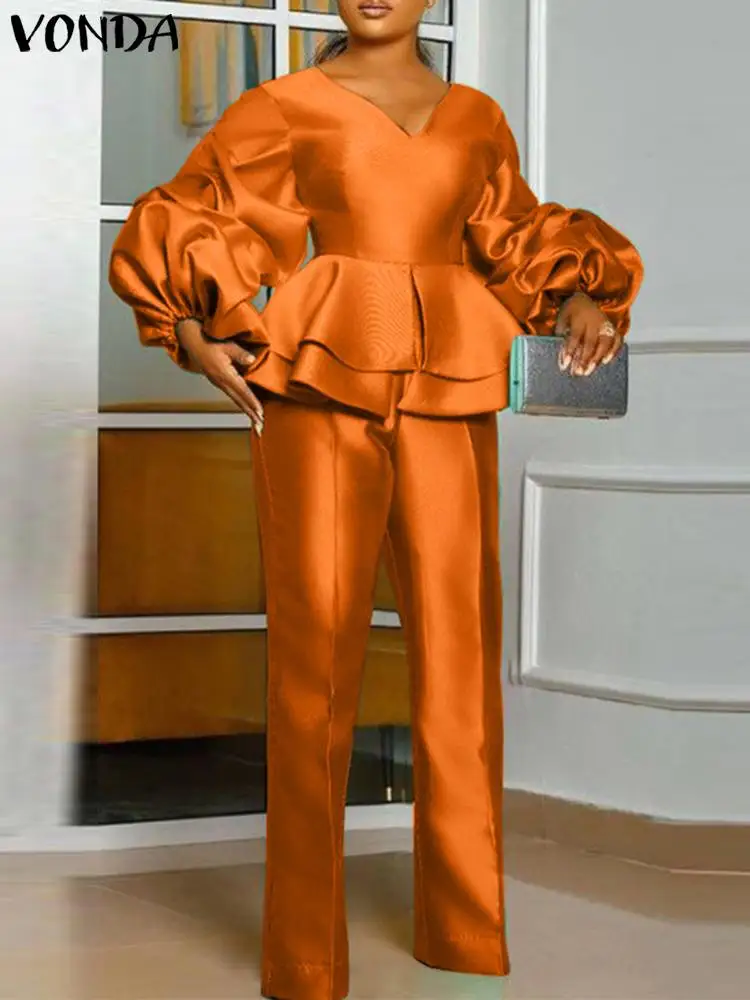 Summer VONDA 2023 Women Elegant Pant Sets V-Long Lantern Sleeve Solid Color Ruffled Matching Sets Sexy Loose Casual Party Suits
Summer VONDA 2023 Women Elegant Pant Sets V-Long Lantern Sleeve Solid Color Ruffled Matching Sets Sexy Loose Casual Party Suits