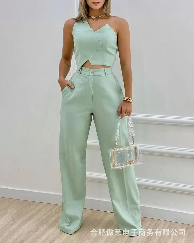 Women's 2-Piece Set, Summer Casual Women's Wear, Green Short Sleeveless Irregular Top + Pants Set
Women's 2-Piece Set, Summer Casual Women's Wear, Green Short Sleeveless Irregular Top + Pants Set