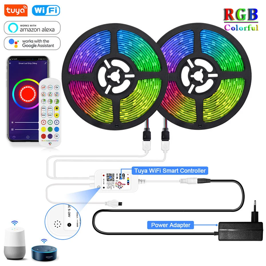 Tuya Smart LED Strip 12V Waterproof Flexible Lamp Tape RGB 5050 Wifi Controller Remote Control for Bedroom Decoration with Alexa
Tuya Smart LED Strip 12V Waterproof Flexible Lamp Tape RGB 5050 Wifi Controller Remote Control for Bedroom Decoration with Alexa