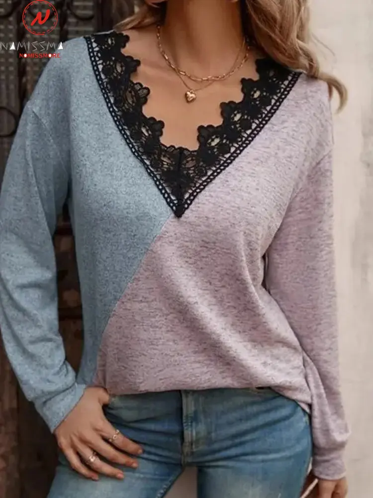 Fashion Women Solid Color T-Shirts Patchwork Design Lace Decor V-Neck Long Sleeve Spring Autumn Casual Loose Pullovers Top
Fashion Women Solid Color T-Shirts Patchwork Design Lace Decor V-Neck Long Sleeve Spring Autumn Casual Loose Pullovers Top