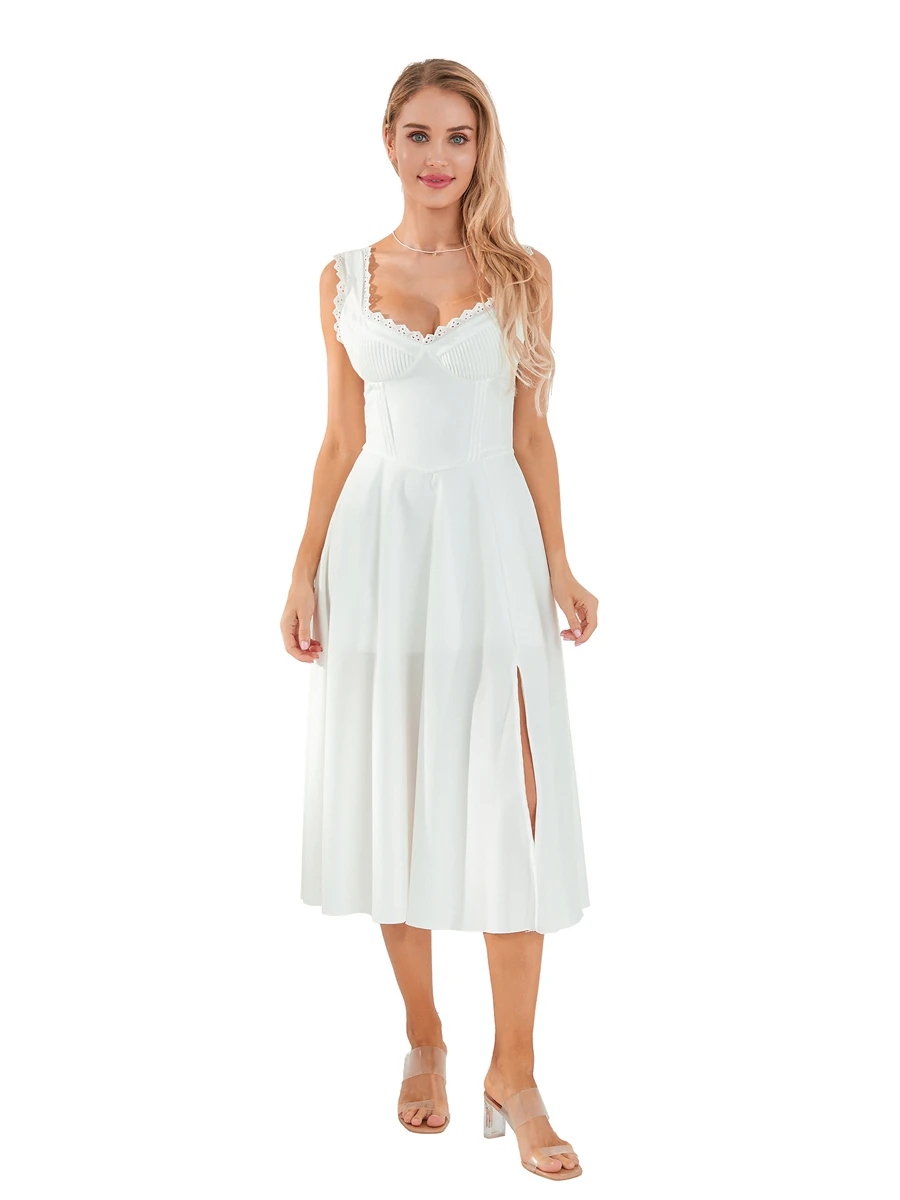 

Women White A Line Midi Tank Dress Sexy Low Cut Ruched Slit Corset Dress Ruffle Flowy Beach Sundress Cocktail Party