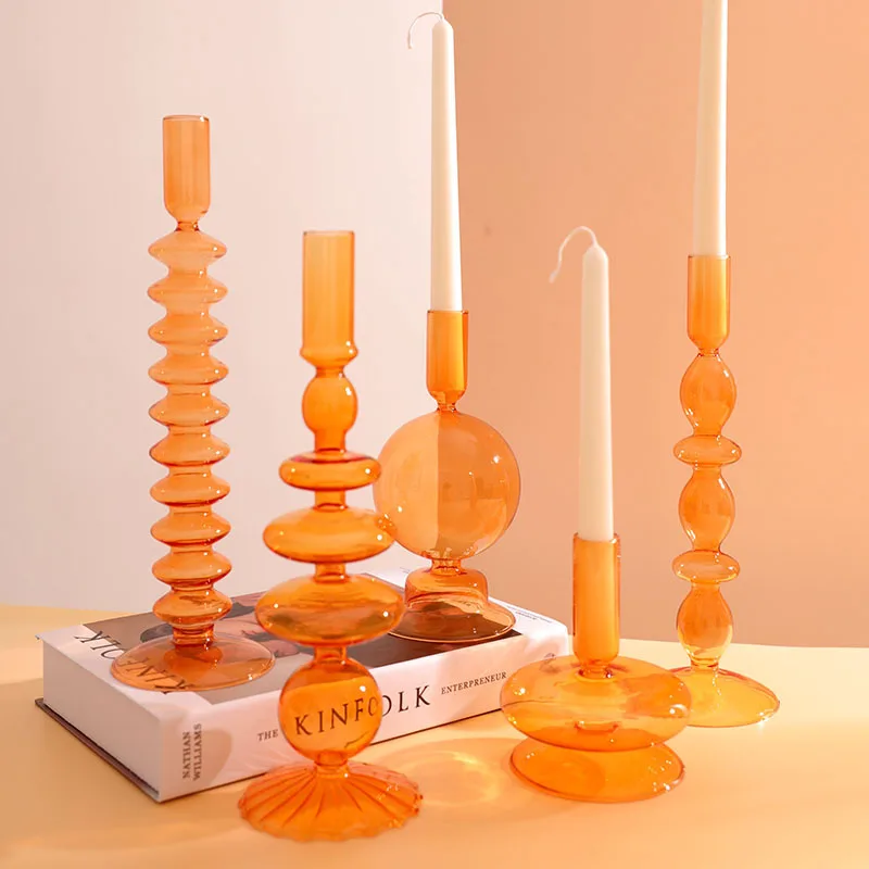 

Home Decor Glass Candle Holders Orange Candlestick Holder Wedding Centerpiece Pillar Candles Stand Dinner Table Room Decoration