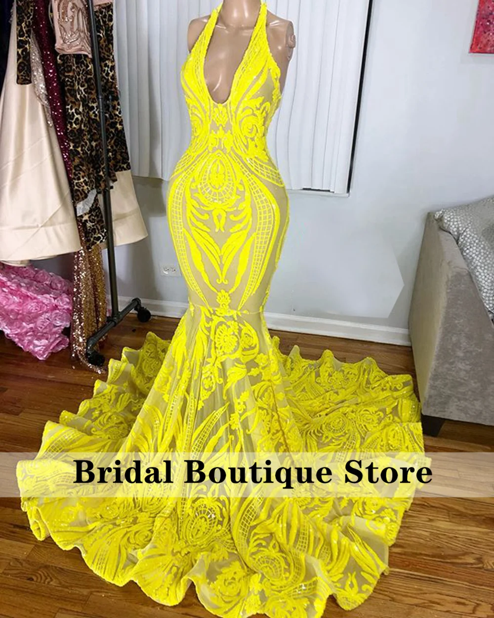 Sexy Yellow Mermaid Prom Dresses 2022 For Black Girls Halter V Neck Aso Ebi Birthday Party Gowns Robe De Bal
Sexy Yellow Mermaid Prom Dresses 2022 For Black Girls Halter V Neck Aso Ebi Birthday Party Gowns Robe De Bal