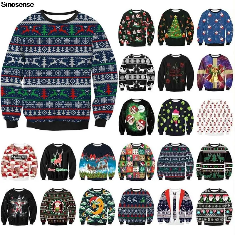 

Men Women Reindeer Ugly Christmas Sweater Pullover Xmas Jumper Tops 3D Christmas Tree Snowflake Printed Holiday Party Sweatshirt