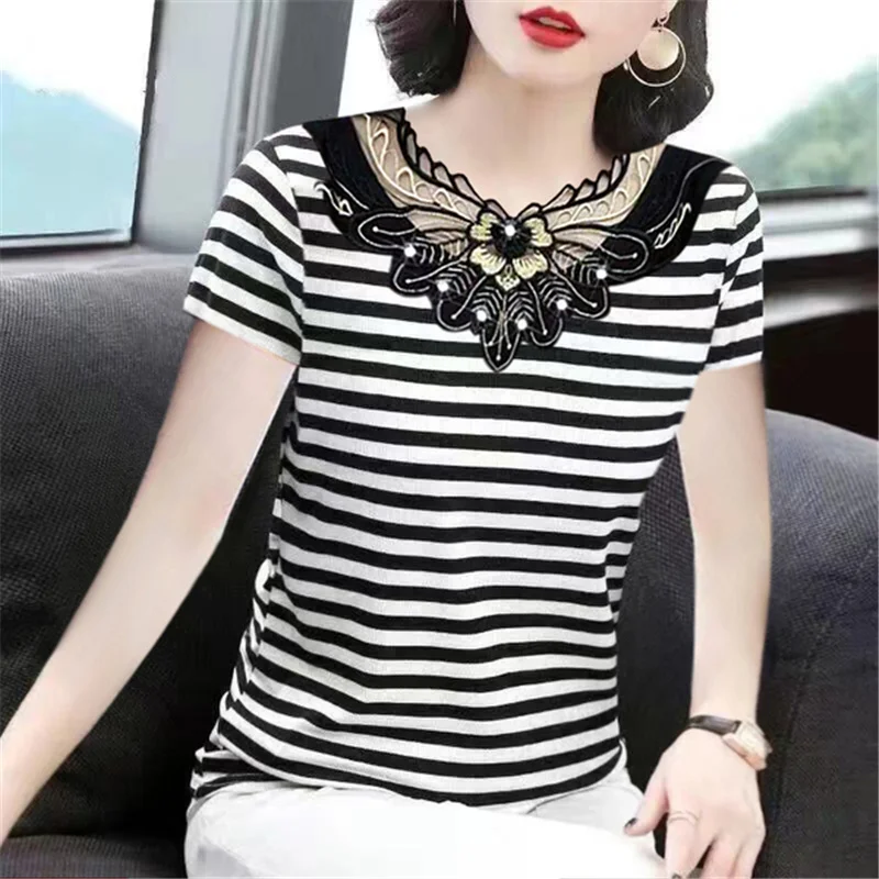 T-Shirts Y2k Camisetas Woman 2022 Summer Short Sleeve Lace Pactchwork O-Neck Striped Women T Shirt Femme Tees Streetwear Tops
T-Shirts Y2k Camisetas Woman 2022 Summer Short Sleeve Lace Pactchwork O-Neck Striped Women T Shirt Femme Tees Streetwear Tops