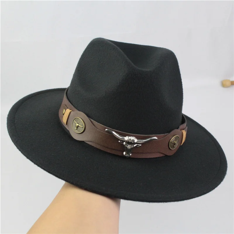 Elegant Trend Men's Bull Head Big Brim Flat Top Hat Fashion Retro Women's Jazz Belt Wool Fedora Bucket Hats Casual Cap 
Elegant Trend Men's Bull Head Big Brim Flat Top Hat Fashion Retro Women's Jazz Belt Wool Fedora Bucket Hats Casual Cap