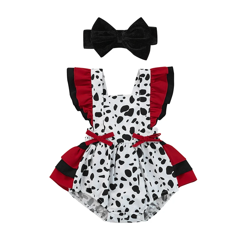 Infant Baby Girl Summer Jumpsuit, Flying Sleeves Square Neck Cow Print Ruffle Romper with Headband
Infant Baby Girl Summer Jumpsuit, Flying Sleeves Square Neck Cow Print Ruffle Romper with Headband