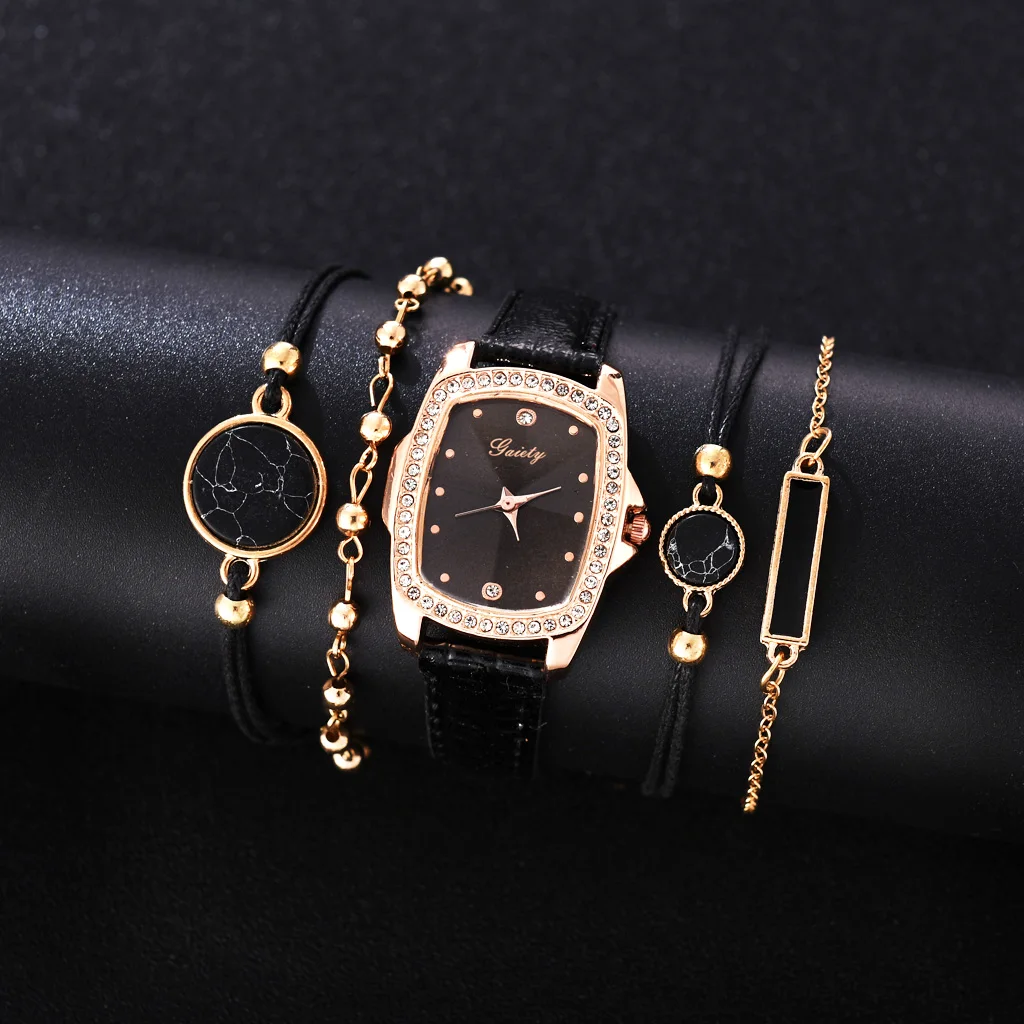 

5PCS Gaiety Brand Luxury Fashion Bracelet Watch Set Women Leather Band Quartz Wristwatch Watches Ladies Black Clock Reloj Mujer