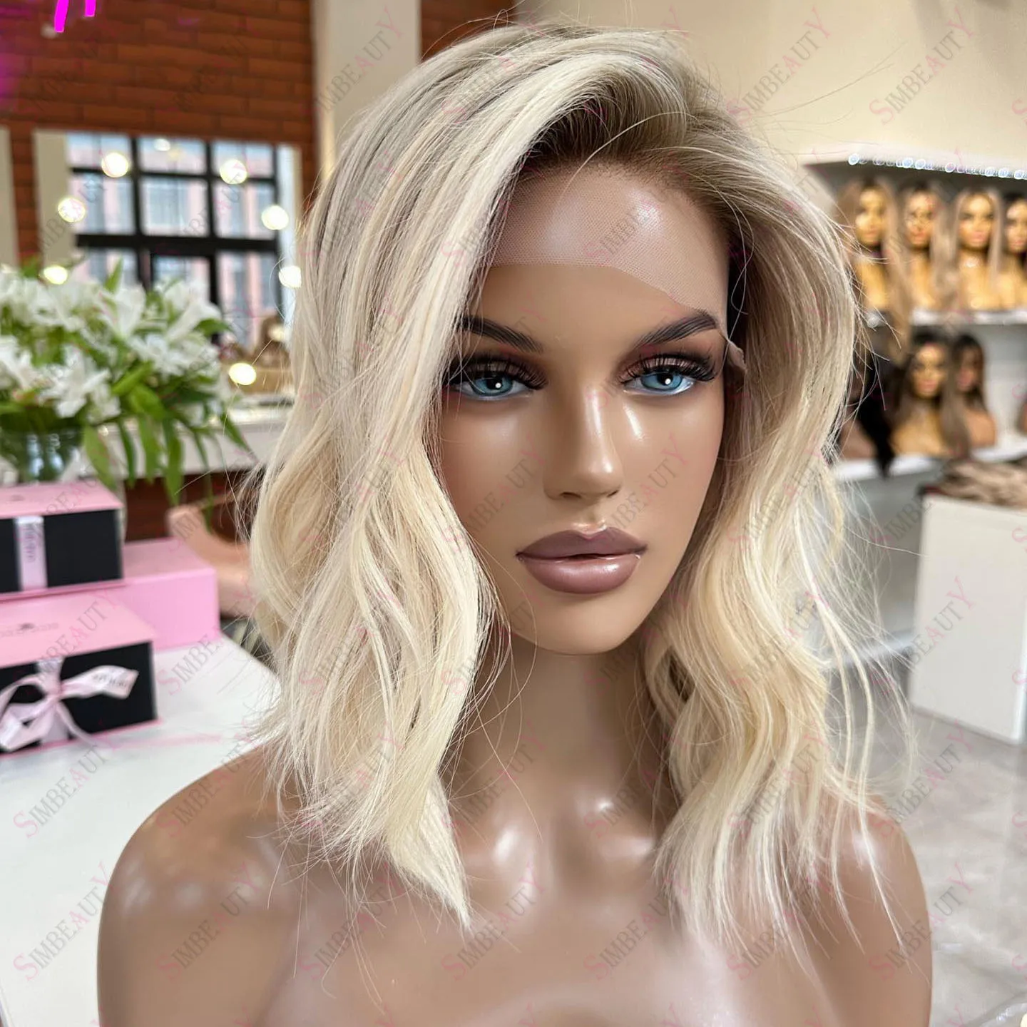 

Short Bob Wavy Platinum Blonde Ombre Brazilian Remy 13X6 Lace Front Human Hair Wigs Preplucked Glueless 13X4 Lace Frontal Wig