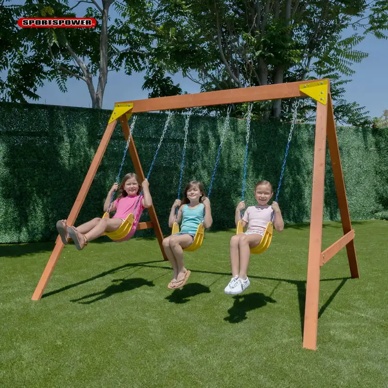 

Wooden Swing Set with 3 Swings Inflatable toys Outdoor slide for kids playground Bounce castle