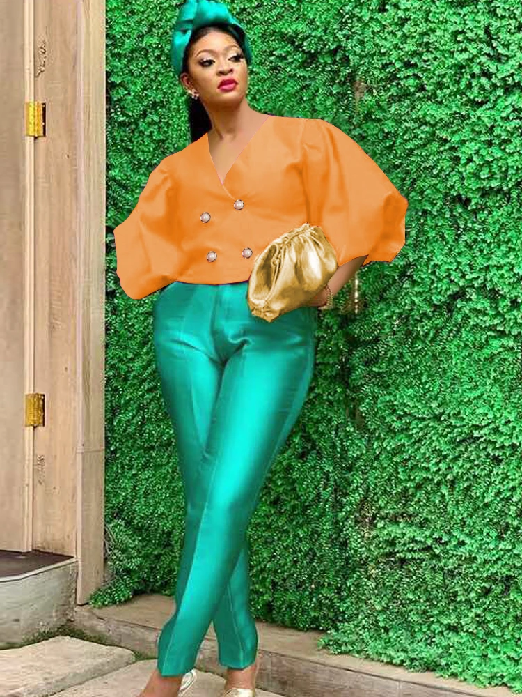 Women Two Pieces Sets V Neck Tops Lantern Sleeves Double Buttons High Waist Trousers Suits Elegant Office Fashion Modest Set New
Women Two Pieces Sets V Neck Tops Lantern Sleeves Double Buttons High Waist Trousers Suits Elegant Office Fashion Modest Set New