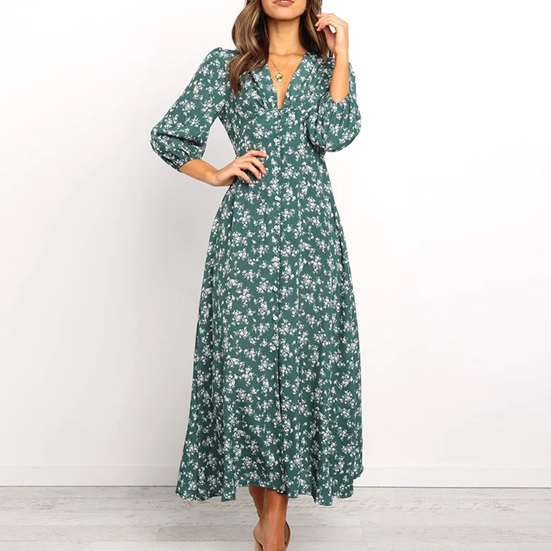 Spring and Autumn Long Sleeve Dress for Ladies Retro Chiffon Print High Waist Women's Dress V Neck Button Style
Spring and Autumn Long Sleeve Dress for Ladies Retro Chiffon Print High Waist Women's Dress V Neck Button Style