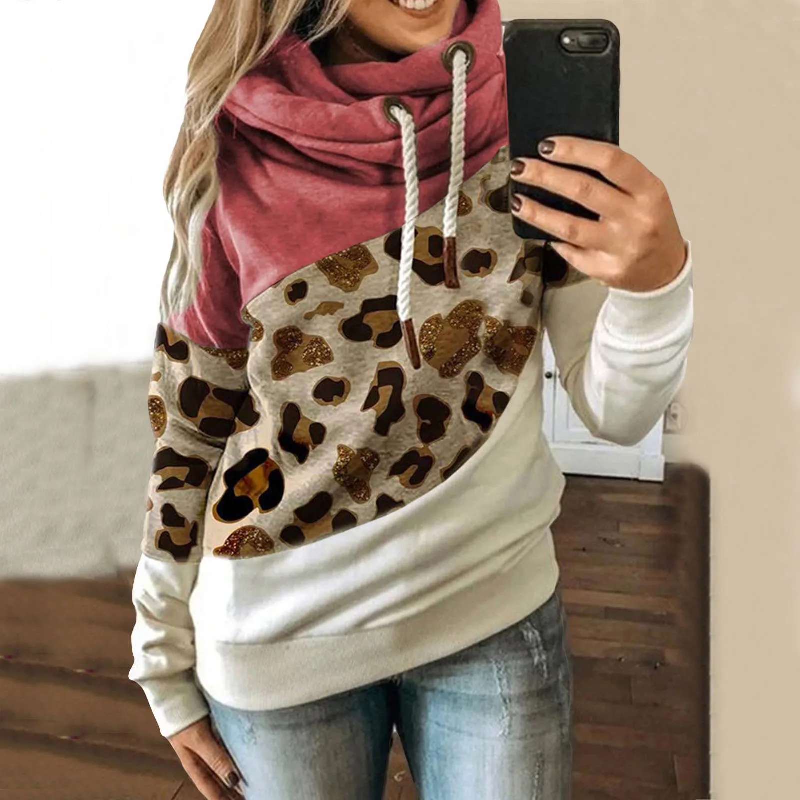 Women's Leopard Patchwork Hoodies Sweatshirt Autumn Winter Turtleneck Long Sleeve Outwear Drawstring Hooded Pullovers Streetwear 
Women's Leopard Patchwork Hoodies Sweatshirt Autumn Winter Turtleneck Long Sleeve Outwear Drawstring Hooded Pullovers Streetwear