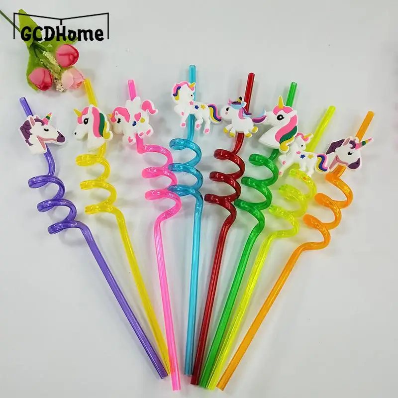 

4pc Plastic Drinking Straw Reusable Animal Flamingo unicorn For Kids Jungle Safari Birthday Party Decorations Random Color